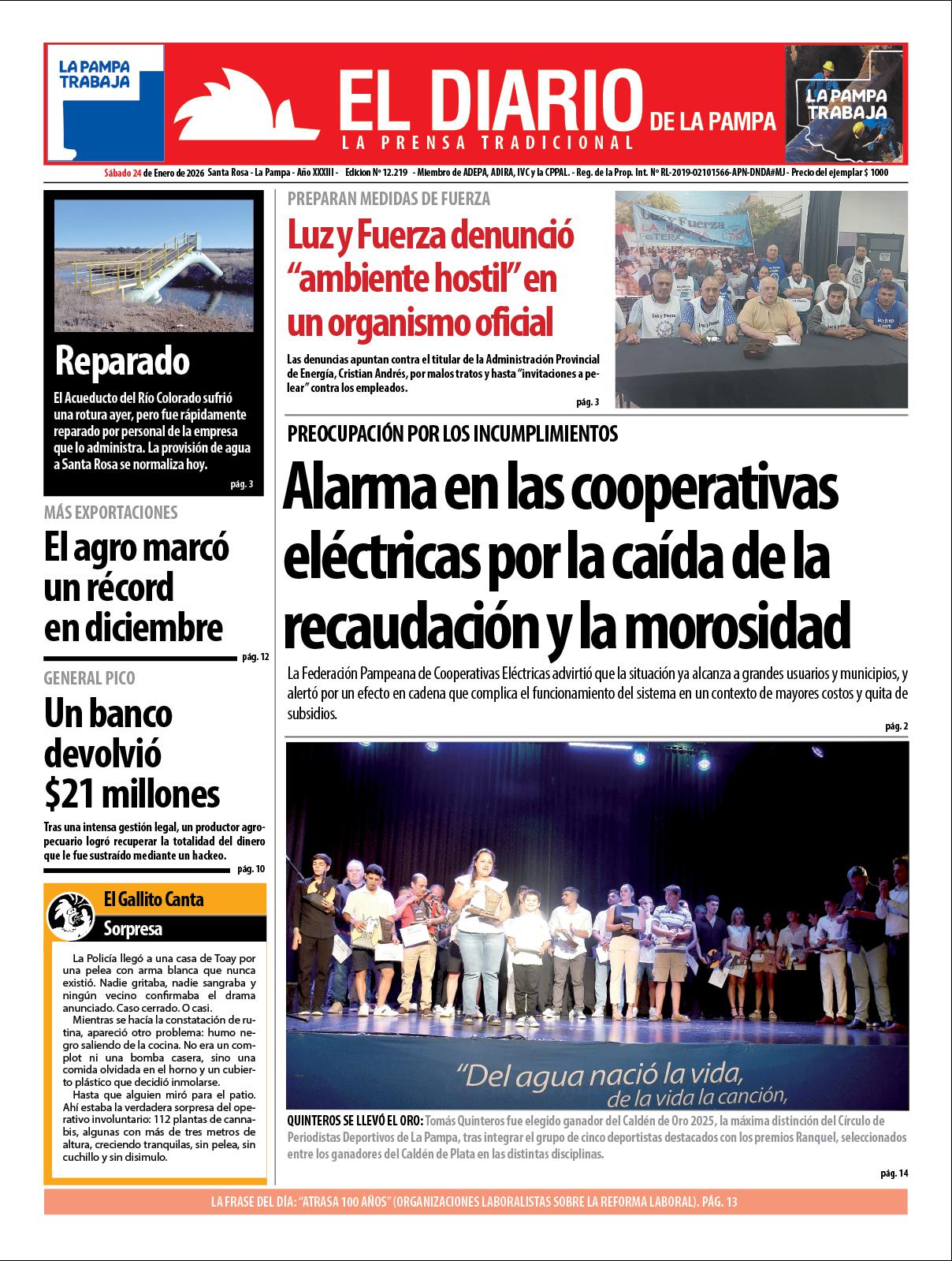 Tapa de El Diario en papel  saacutebado 24 de enero de 2026